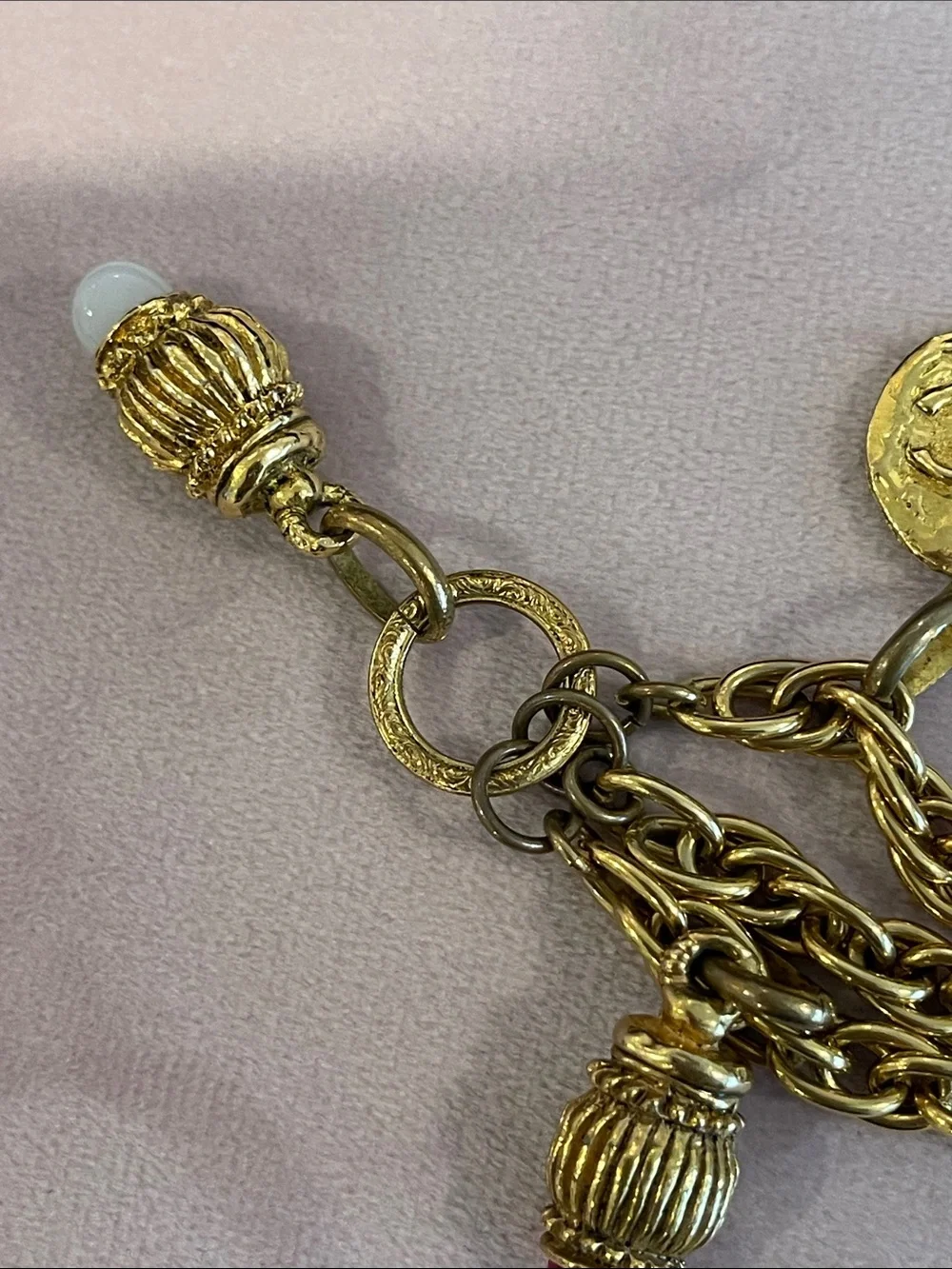 CHANEL Gold-Tone Double Chain Charm Bracelet with Red and Green Bead Drops